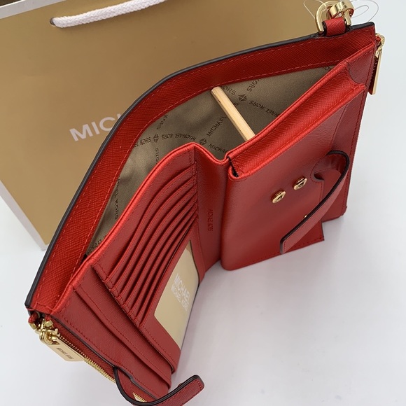 Michael Kors Large Top Zip Satchel Leather & Double Zip Wristlet Leather Flame - Picture 12 of 16